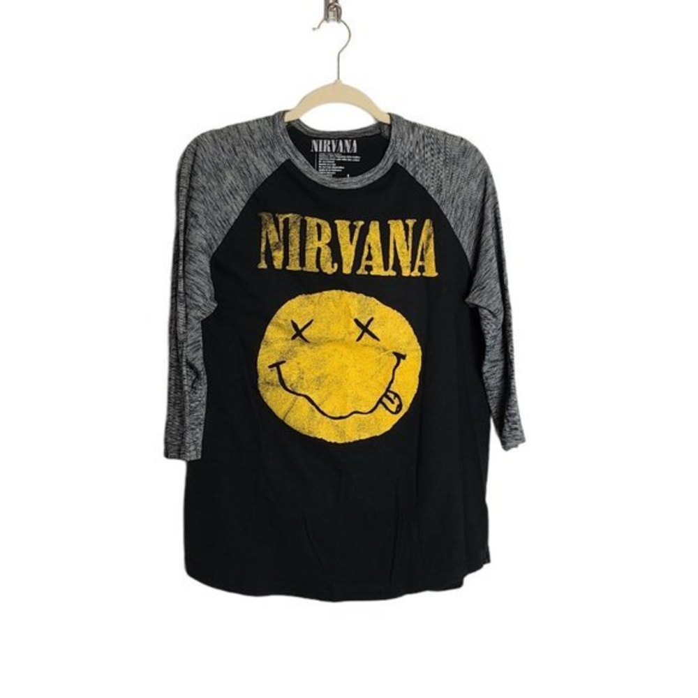 Nirvana Smiley Face Graphic Jersey Women's Size Large Black with Gray Sleeves